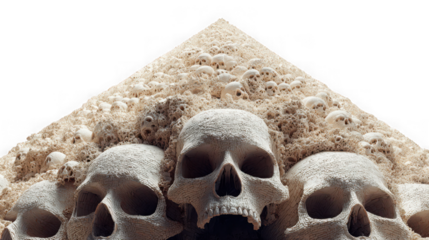 A chilling pyramid formation of human skulls evoking themes of death horror and the macabre isolated on transparent background