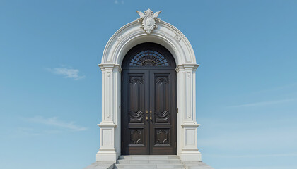 Obraz premium Church door with blue sky, entrance, religion, stone, ancient, old, window, gate, arch, gothic, Italy, city, wall, doorway, Europe, 8K image