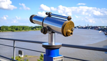 Viewing the Horizon: Coin-Operated Telescope Overlooking a Scenic River Cityscape