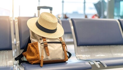 Waiting for the flight, travel bag and hat on seat at airport terminal