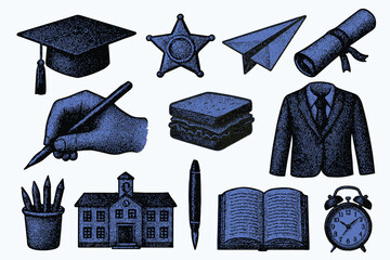 Retro halftone vector icons set of education and school elements graduation cap, books, diploma, school building, pen, clock, hand writing, paper, uniform, academic tools