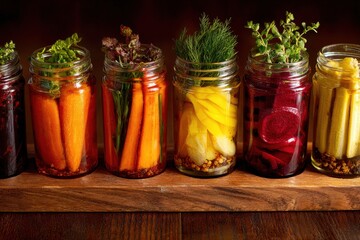 Jarred veggies on a timber plank