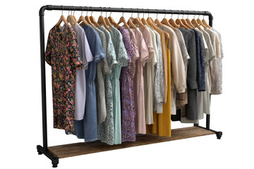 Assortment of colorful women s clothing hanging on a rustic garment rack isolated on transparent background