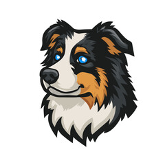 Profile of a friendly dog with blue eyes in a cartoon style design featuring distinct fur patterns and colors