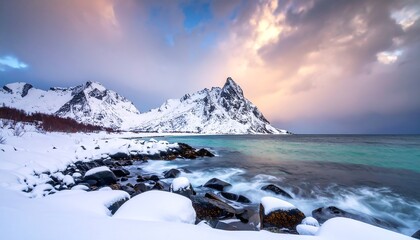 Winter wonderland at the Lofoten Islands Norway with snow-covered mountains