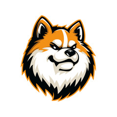 Bold and fierce illustration of a stylized orange and white dog head with an expressive grin against a simple backdrop