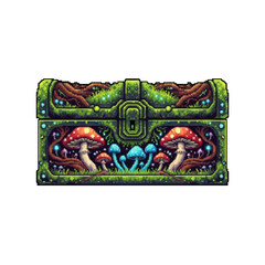 Pixel Style Ancient Rooted Forest Chest with Glowing Mushrooms - 2D Magical Asset