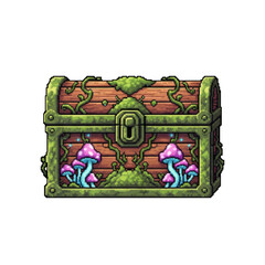 Pixel Style Vibrant Mushroom Forest Chest with Pink & Blue Fungi - 2D Magical Asset
