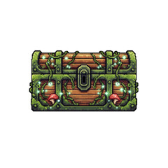 Pixel Style Enchanted Forest Chest with Glowing Vines and Mushrooms - 2D Magical Asset