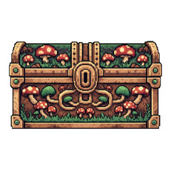 Pixel Style Rustic Forest Chest with Classic Toadstools and Grass - 2D Nature Asset