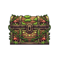 Pixel Style Ancient Wooden Chest with Glowing Vines and Mushrooms - 2D Magical Forest Asset