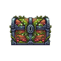 Pixel Style Ancient Forest Chest with Glowing Vines and Mushrooms - 2D Magical Asset