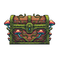 Pixel Style Enchanted Forest Chest with Organic Vines and Glowing Fungi - 2D Magical Asset