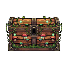 Pixel Style Ancient Forest Chest with Diverse Glowing Mushrooms and Vines - 2D Magical Asset