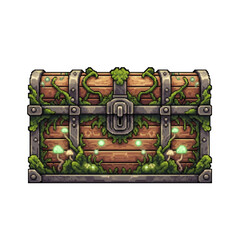 Pixel Style Ancient Wooden Chest with Glowing Moss, Vines, and Fungi - 2D Magical Forest Asset