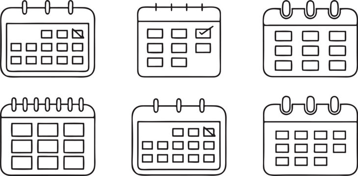 Isolated New Year calendar planning icons, January month page, year planner book, monthly goals, date marker, event reminder stickers, minimal layout set