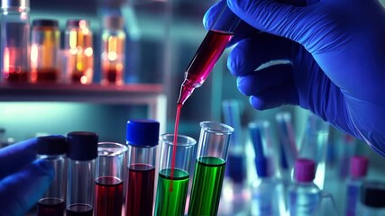 A hand pours a red liquid into test tubes filled with various colored liquids in a lab setting. - Powered by Adobe