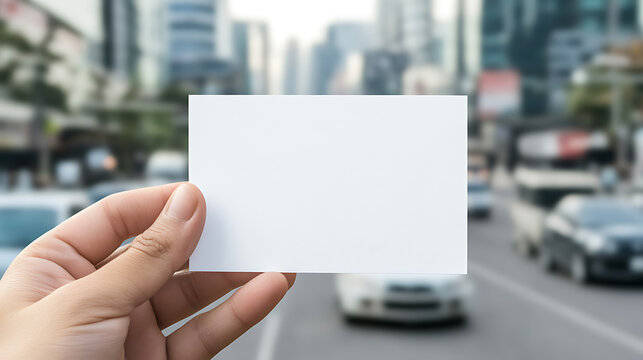 Hand holding a blank card in a busy city. Perfect for showcasing designs, offers, or events.  Customize this space!
