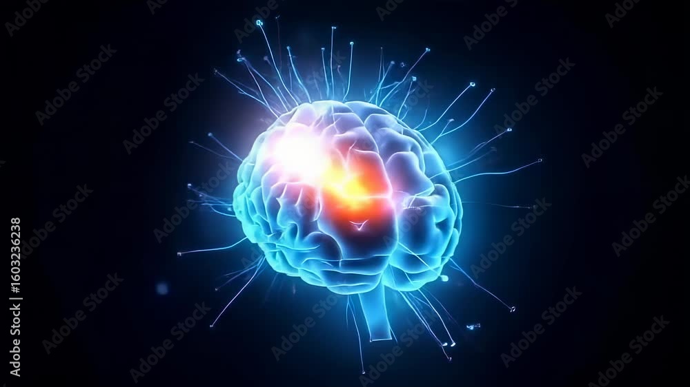 Poster glowing brain with neural connections, digital animation