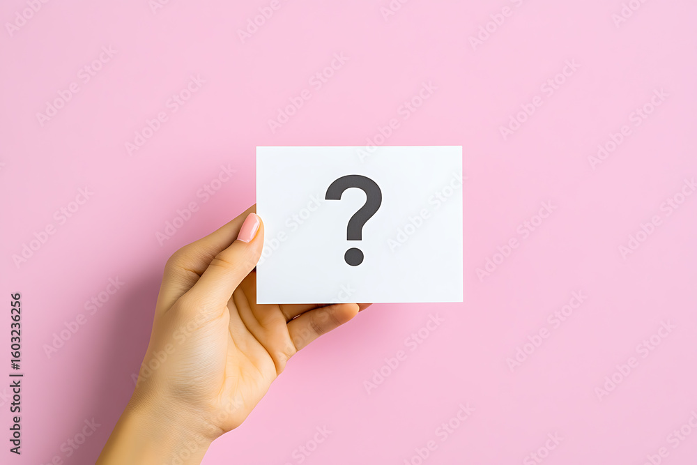 Poster hand holding a card with a question mark on a pink background. concept of uncertainty, decision-maki
