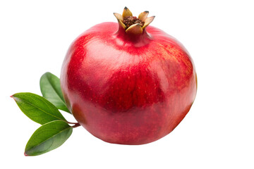 Vibrant pomegranate fruit with crown and green leaves isolated on transparent background showcasing rich red color