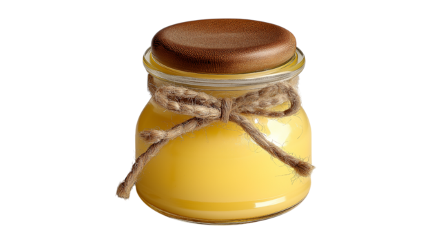 Yellow Cream Jar with Rope and Brown Lid Isolated - Powered by Adobe