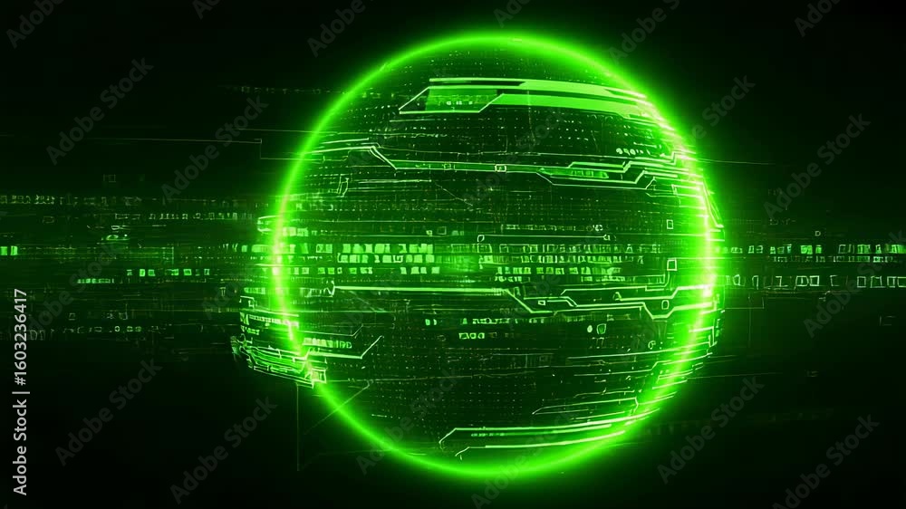Aufkleber futuristic glowing green sphere with circuit patterns on a dark background