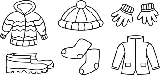 Isolated autumn fashion and clothing icons, stylish boots, cozy scarf, wool beanie hat, warm gloves, hoodie, raincoat, soft socks, seasonal wardrobe theme