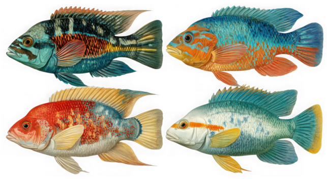 Four diverse and colorful cichlid fish with intricate patterns displayed against a clean transparent background