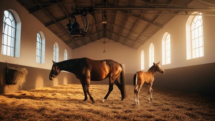 Mare and Foal in Stable: Warm Light, Peaceful Scene - Powered by Adobe