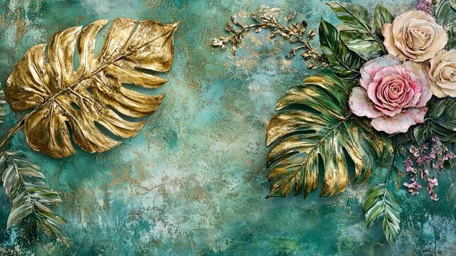 Textured teal background with gold leaf tropical leaves and flowers