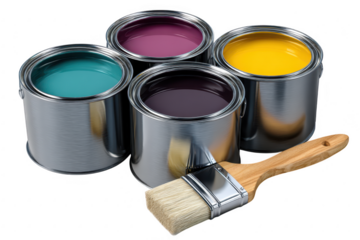 Four open paint cans with various colors and a paintbrush isolated on transparent background