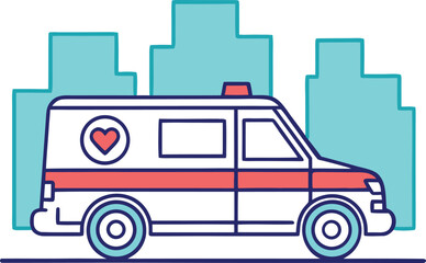 Fototapeta premium Stylized illustration of a white ambulance with red and blue accents in front of teal buildings