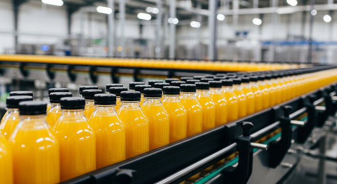 Efficient juice bottling process on conveyor belt ready for distribution to stores and happy customers everywhere for a healthy start
