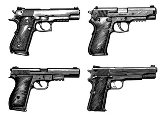 Handguns set in an engraved style, black and white