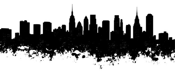 Cityscape in a grunge style, black and white, representing urban decay or street art
