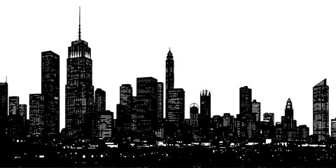 Woodcut style city skyline at night in black and white