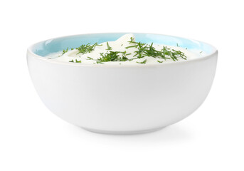 Delicious yogurt with dill in bowl isolated on white