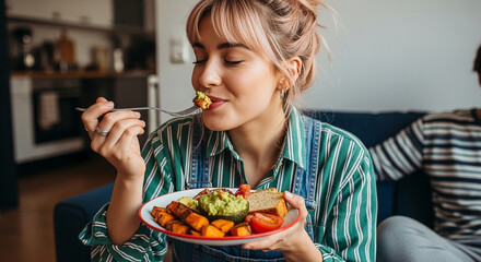 Young woman savoring healthy vegan meal at home, enjoying delicious plant-based food for wellness and mindful eating in a relaxed setting