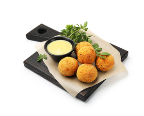 Delicious fried croquette balls with parsley and sauce isolated on white