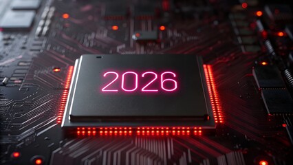 Future technology emerges with glowing 2026 date on circuit board