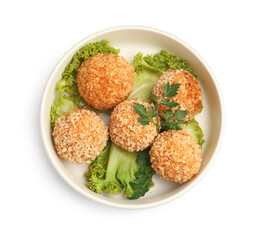 Delicious fried croquette balls with parsley and lettuce isolated on white, top view