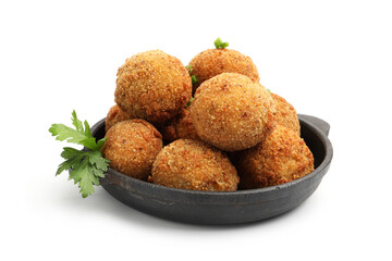 Delicious fried croquette balls with green onion and parsley isolated on white