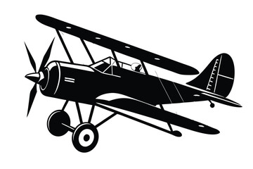 Black and White Silhouette of a Vintage Biplane Aircraft Flying with Pilot Inside