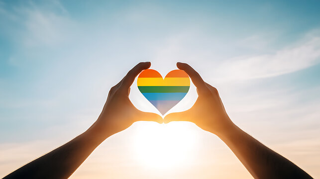 Hands holding a rainbow heart against a sunny sky. Symbol of love, pride, and inclusion. Celebrate diversity and equality with vibrant colors.