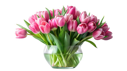 Obraz premium Beautiful pink tulips in a glass vase against a transparent background