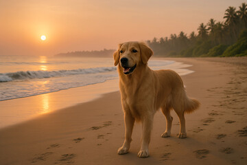 Obraz premium Golden Retriever's Beach Retreat: A golden retriever radiates pure joy as it stands on a serene beach. The backdrop of a majestic sunset casts a warm, ethereal glow on the scene.
