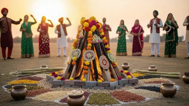 A large bonfire decorated with flowers and ornaments during the Indian festival of Lohri, around which people in traditional Indian attire dance
