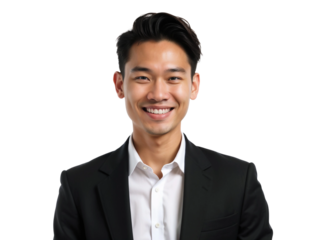 Young asian businessman with happy and smiling face wearing black blazer isolated on transparent background