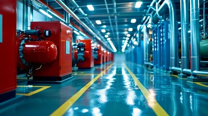 Clean and modern industrial facility with red machinery, metal pipes, and polished floors, showcasing advanced manufacturing or energy systems.